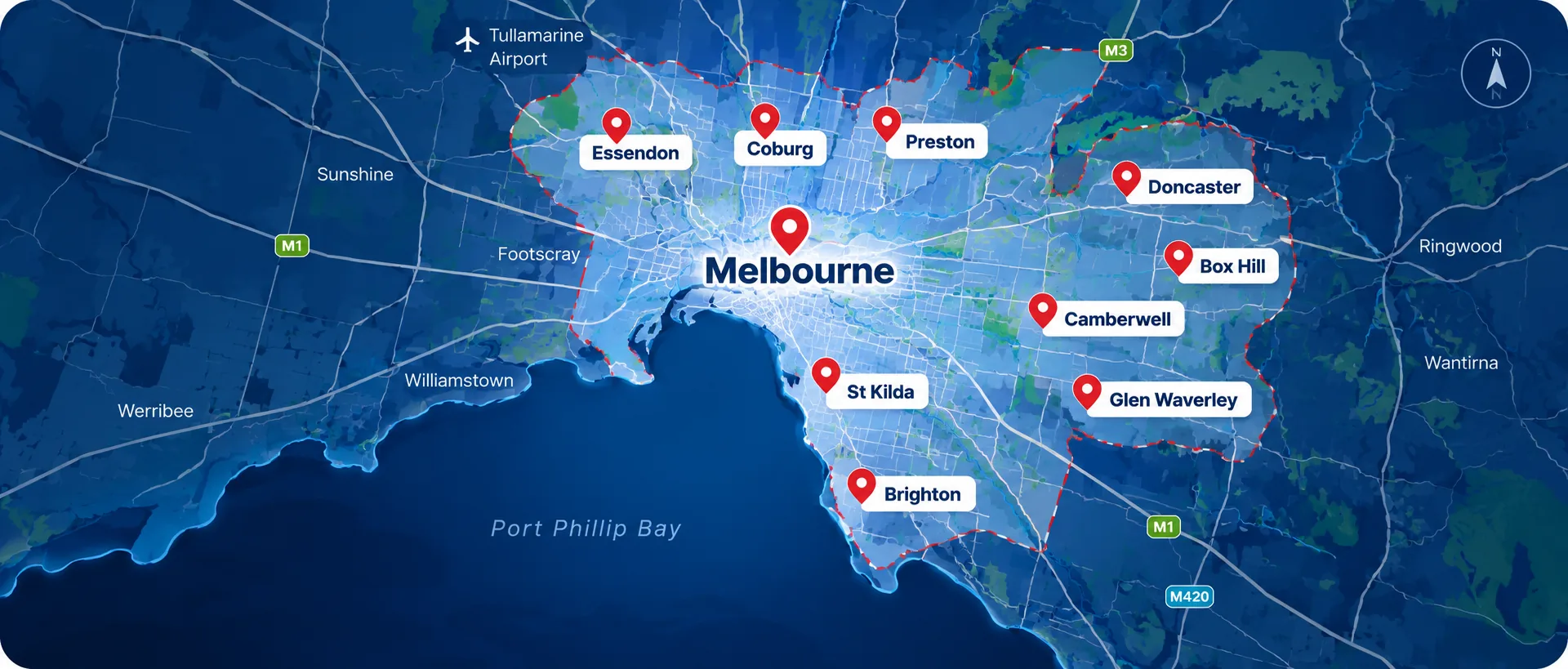 Melbourne locksmith service area map for Bargain Locksmith and Car Keys.