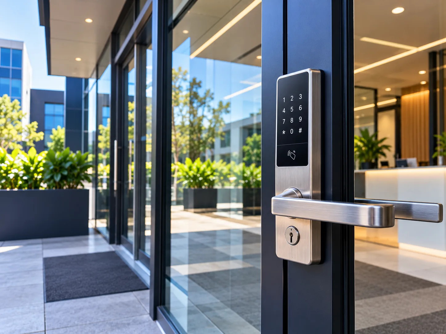 Commercial locksmith access control system on an office entrance.