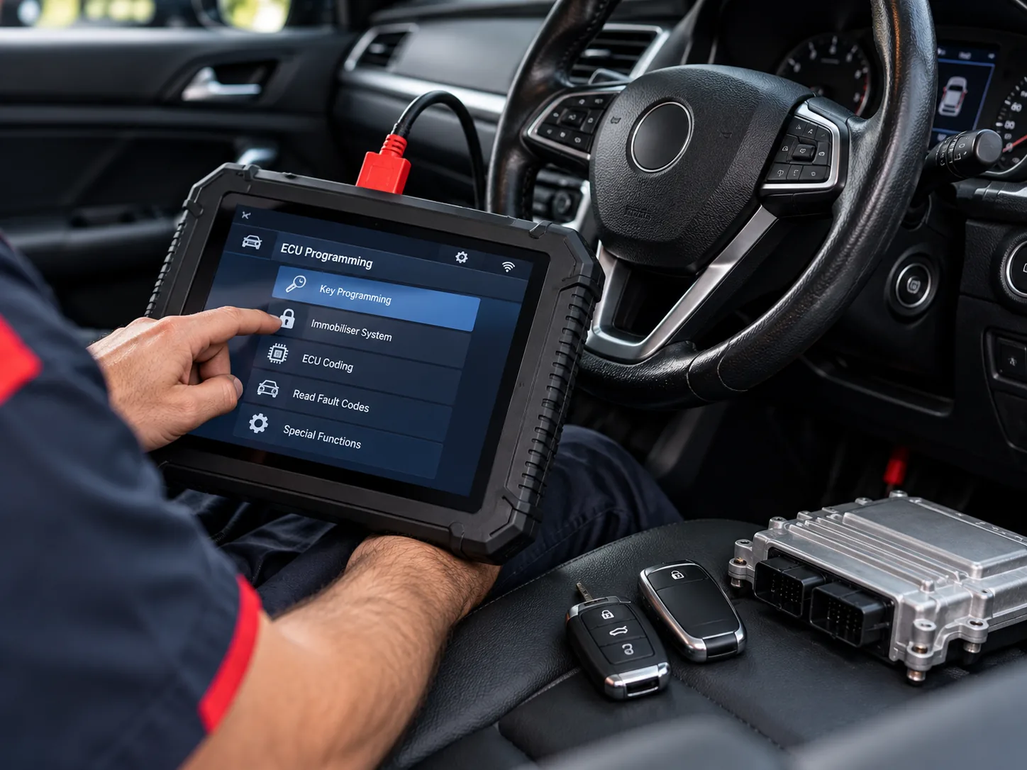 Vehicle ECU programming with diagnostic equipment and car keys.