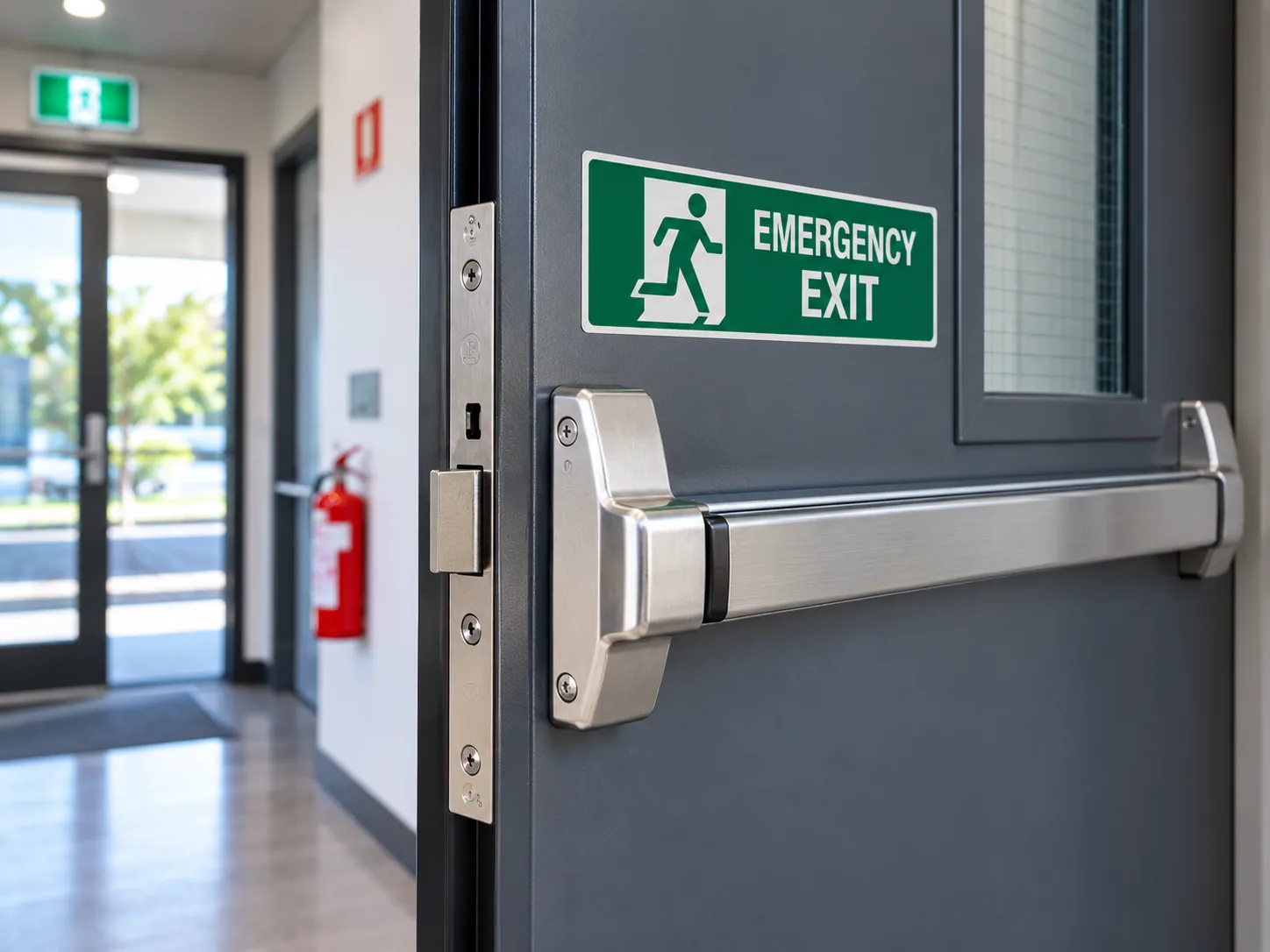 Commercial emergency exit door with exit lock hardware.