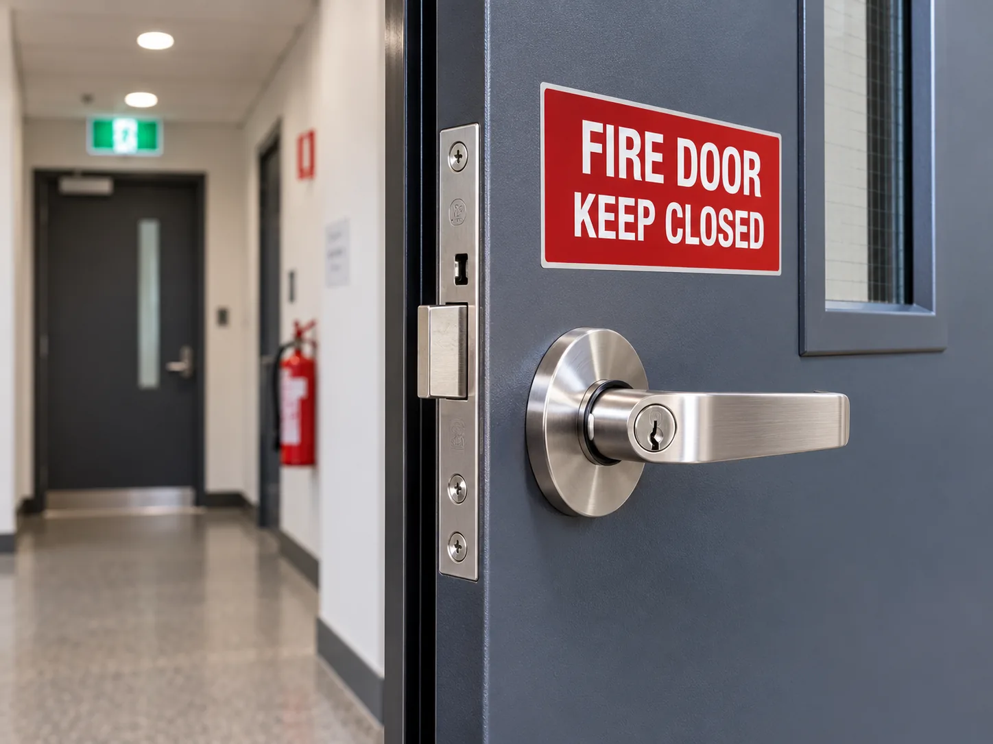 Commercial fire door fitted with suitable lock hardware.