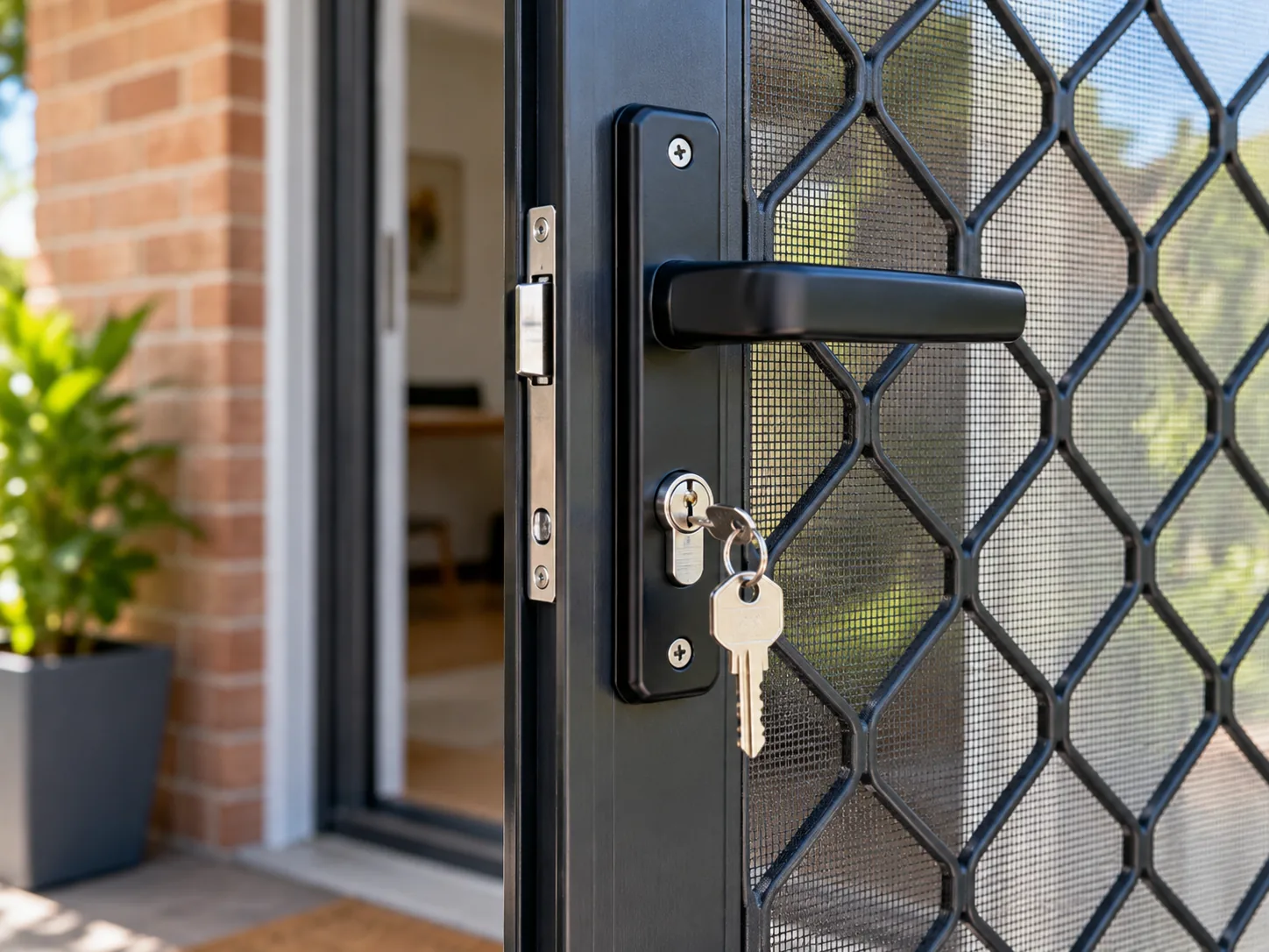 Residential fly wire screen door with locking hardware.