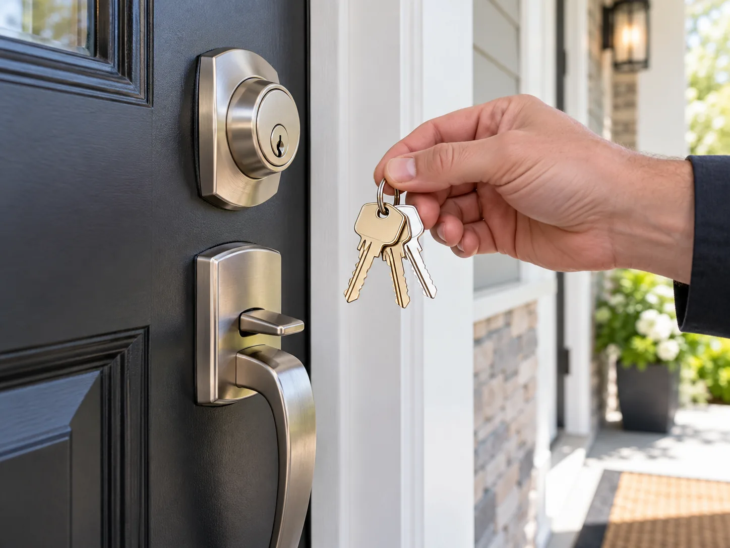 New house keys beside a residential front door lock.