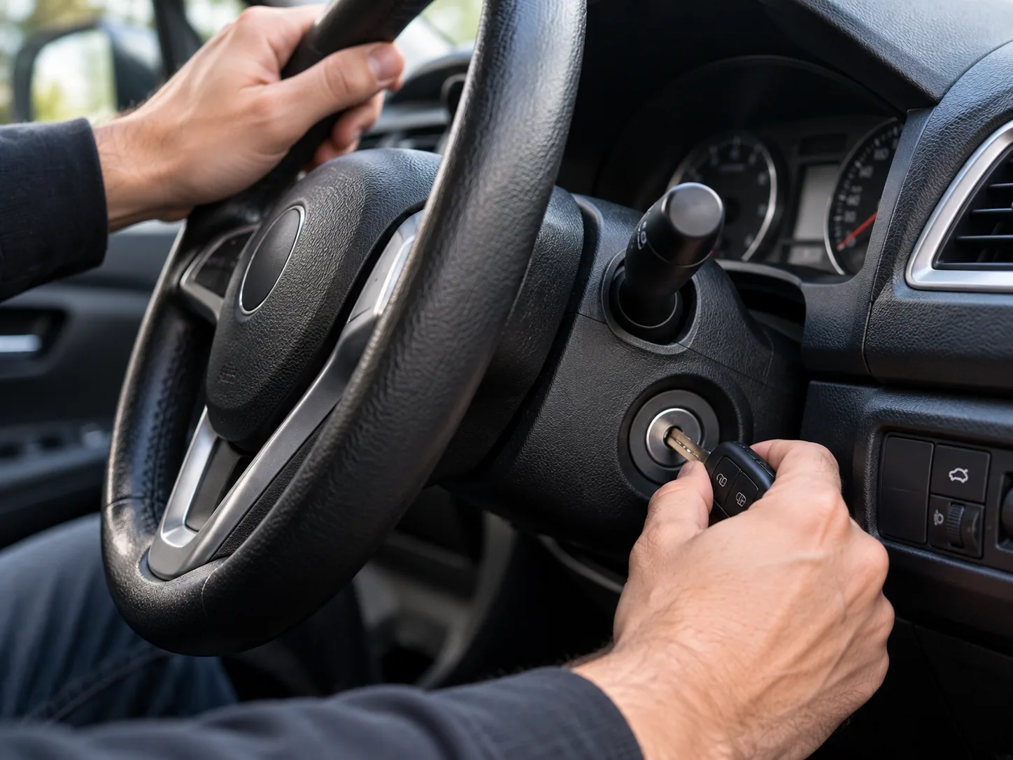 Jammed steering lock and ignition key inside a vehicle.