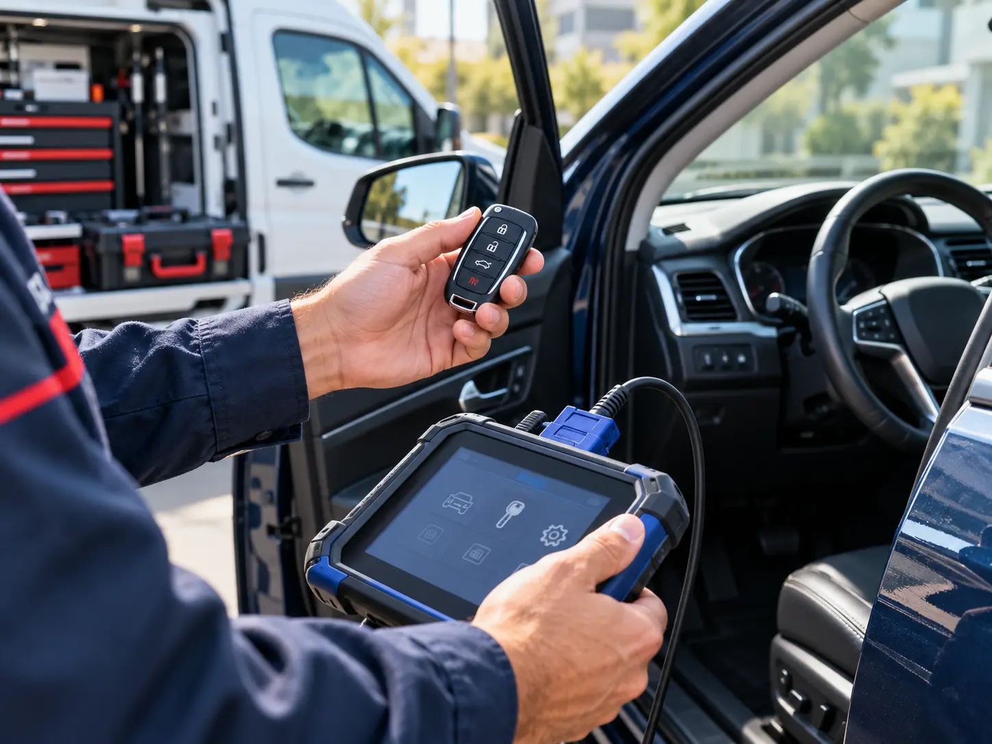 Mobile car locksmith in Melbourne programming a vehicle key beside a car.